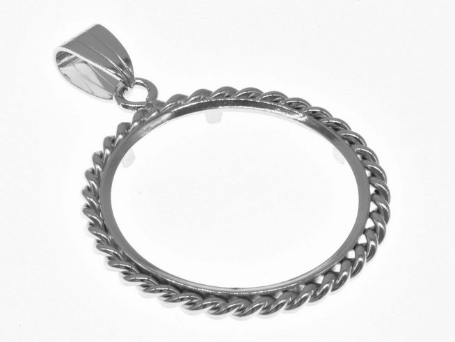 Münzfassung Anhänger aus rhodiniertem 925 Sterling Silber mit Kordelmotiv, geeignet für Münzen bis 25 mm Durchmesser, Hersteller Juwelier Harnisch, ideal für bis zu 2,5 cm Münzen.