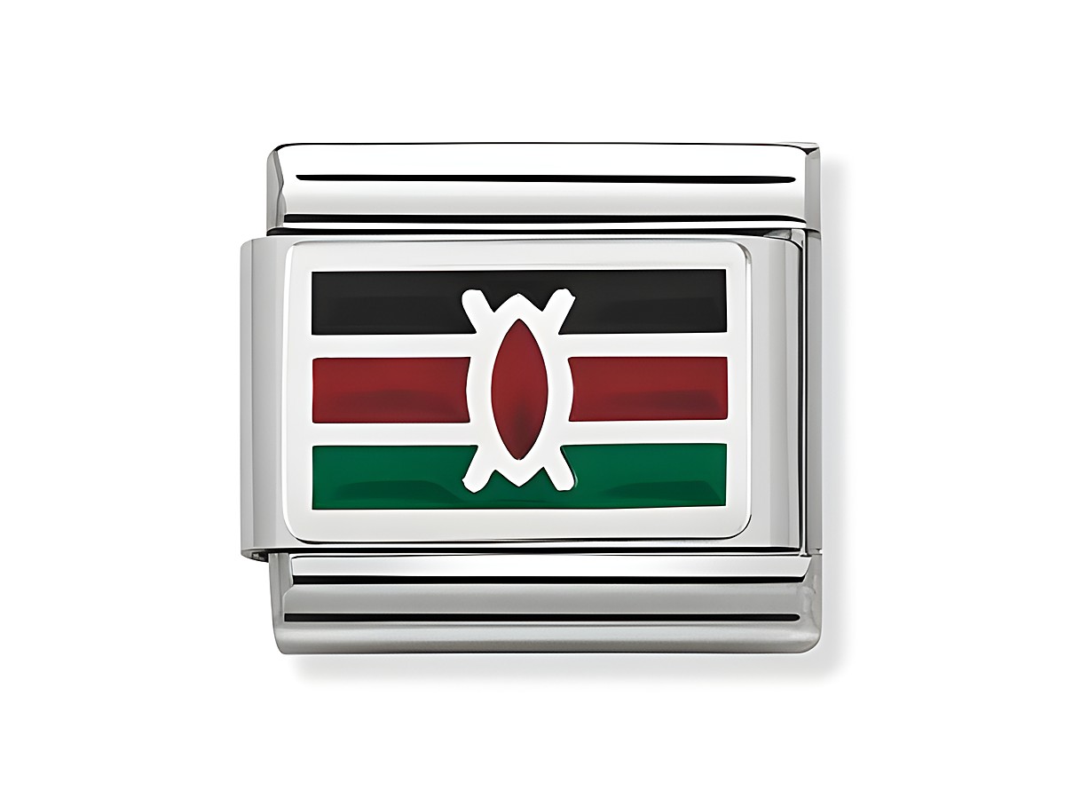 Silbernes Nomination Element mit der kenianischen Flagge. Das Design zeigt die charakteristischen Farben Schwarz, Rot und Grün der Flagge, eingerahmt von einer silbernen Umrandung.