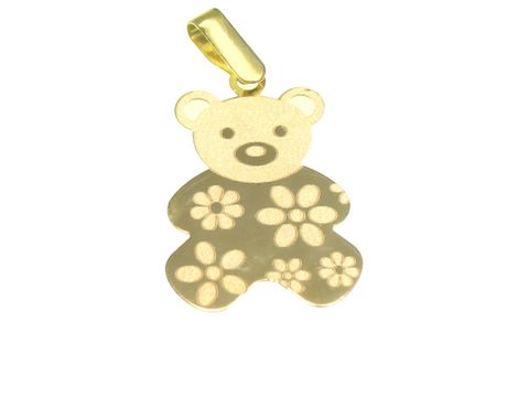 Kinderschmuck aus Gold 375 in Form eines Teddy Bären mit floralen Mustern, hergestellt von Juwelier Harnisch, ideal als Anhänger.