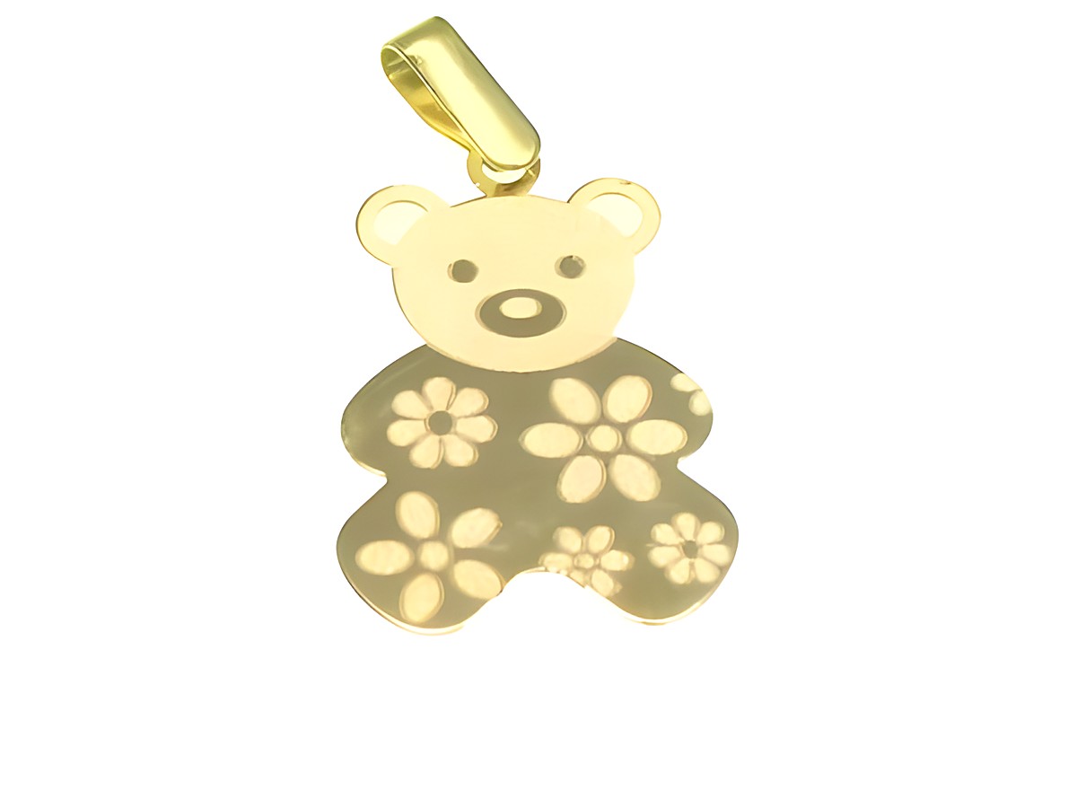 Kinderschmuck aus Gold 375 in Form eines Teddy Bären mit floralen Mustern, hergestellt von Juwelier Harnisch, ideal als Anhänger.
