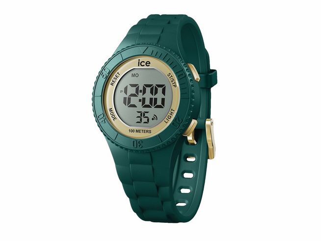 Die Ice watch 021619 ist eine digitale Uhr in der Farbe Verdigris mit goldenen Akzenten. Sie hat ein robustes Gehäuse und ein weiches, grünes Armband aus Silikon.