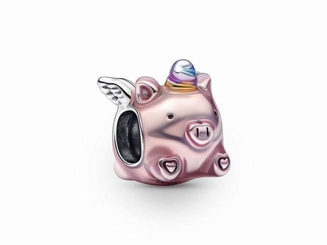 Fliegendes Einhorn Schwein Charm aus Silber mit mehrfarbiger Emaille, detailreich gestaltet mit Flügeln und einem bunten Einhornhorn, ideal für Armbänder oder als Geschenk.