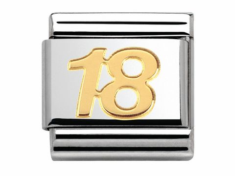 Charm aus der Serie Nomination 030109 34 Classic mit der Zahl 18 in Gold, hergestellt von Nomination, symbolisiert den Alltag und besondere Momente im Leben.