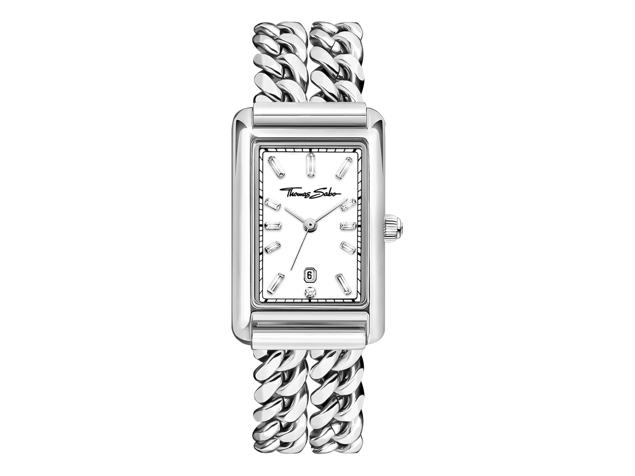 Elegante Thomas Sabo Damenuhr mit rechteckigem Zifferblatt, silbernem Armband aus Gliederketten, weißen Indizes und Datumsanzeige, Modell WA0428-201-201-22 mm.
