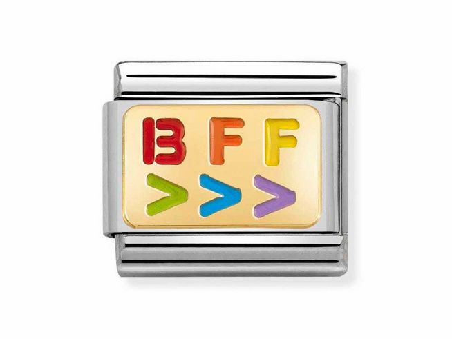 BFF Charm aus der Nomination Classic Kollektion in Gelbgold mit bunten Emaille-Elementen. Der charmante Schriftzug ist emailliert und unterstreicht die Freundschaft.