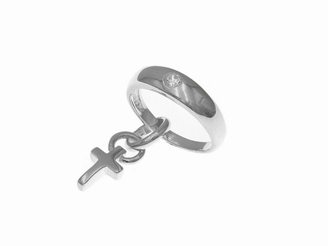 Taufring mit Kreuz aus Sterling Silber, poliert und rhodiniert, verziert mit Zirkonia, Hersteller Juwelier Harnisch, Silber mit Anhänger.