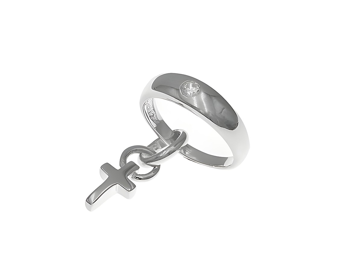 Taufring mit Kreuz aus Sterling Silber, poliert und rhodiniert, verziert mit Zirkonia, Hersteller Juwelier Harnisch, Silber mit Anhänger.