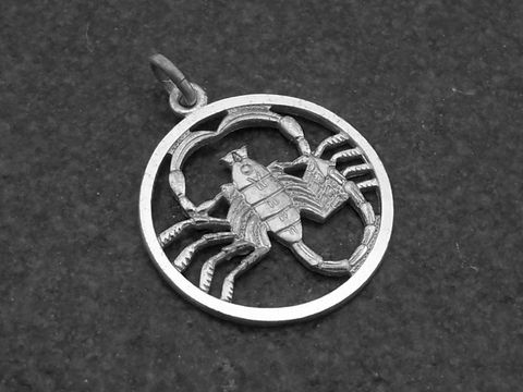 Runder Silber Anhänger mit dem Sternzeichen Skorpion, detailreiche Darstellung des Skorpions in einem kreisförmigen Rahmen, Hersteller Juwelier Harnisch.