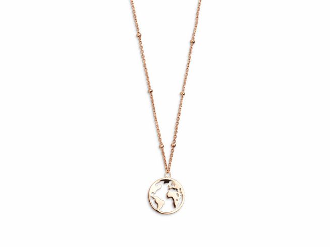 Xenox Sterling Silber Kette XS2984R in 40-45 cm mit WANDERLUST Anhänger in Roségold vergoldeter Ankerkette, einzigartiges Design mit Weltkugelmotiv.