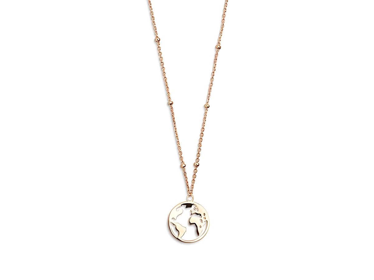 Xenox Sterling Silber Kette XS2984R in 40-45 cm mit WANDERLUST Anhänger in Roségold vergoldeter Ankerkette, einzigartiges Design mit Weltkugelmotiv.