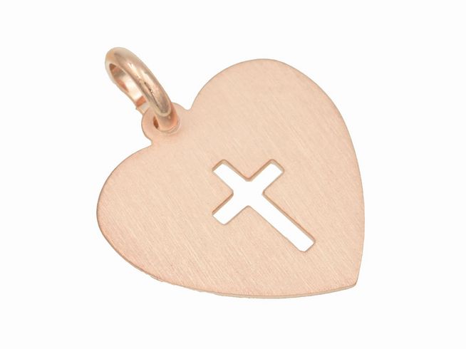 Hänger Herz mit Kreuz aus Sterling Silber, vergoldet in mattiertem Roségold; Hersteller Juwelier Harnisch, schlichtes Design.