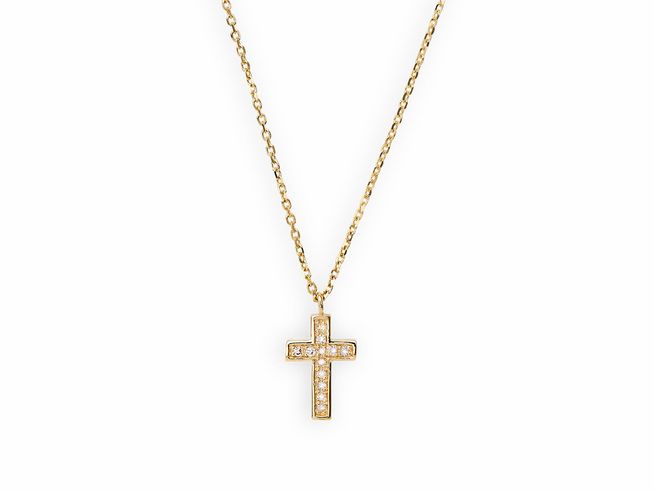 Xenox Gold Kette XG4413G mit einem 42 cm langen Gelbgoldanhänger in Kreuzform, besetzt mit funkelnden Steinen, ideal für elegante Anlässe und täglichen Gebrauch.