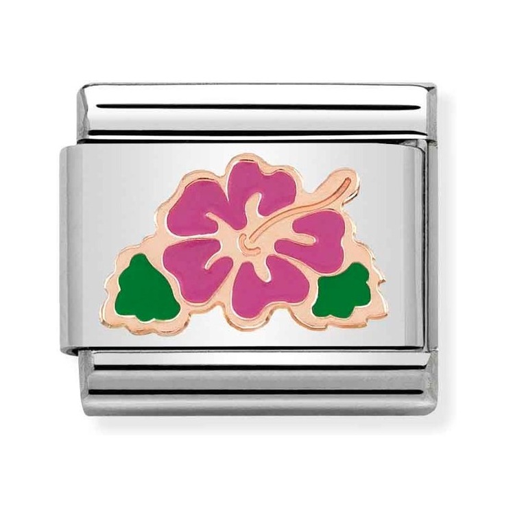 Nomination Composable Classic Charm Hibiskus pink - Edelstahl, Gold 375 Roségold, Emaille