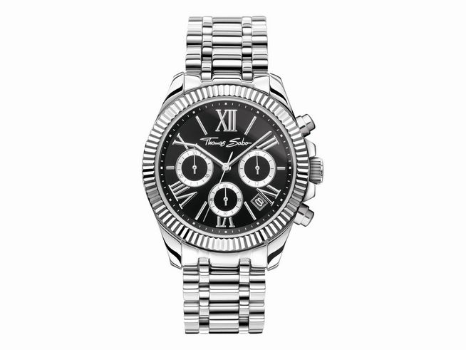 56972297-0 Thomas Sabo Damenuhr WA0396-201-201-38 MM aus Edelstahl in silberfarben mit schwarzem Ziffernblatt und römischen Ziffern. Chronograph mit drei Subdials und Datumsanzeige. Elegantes Design.