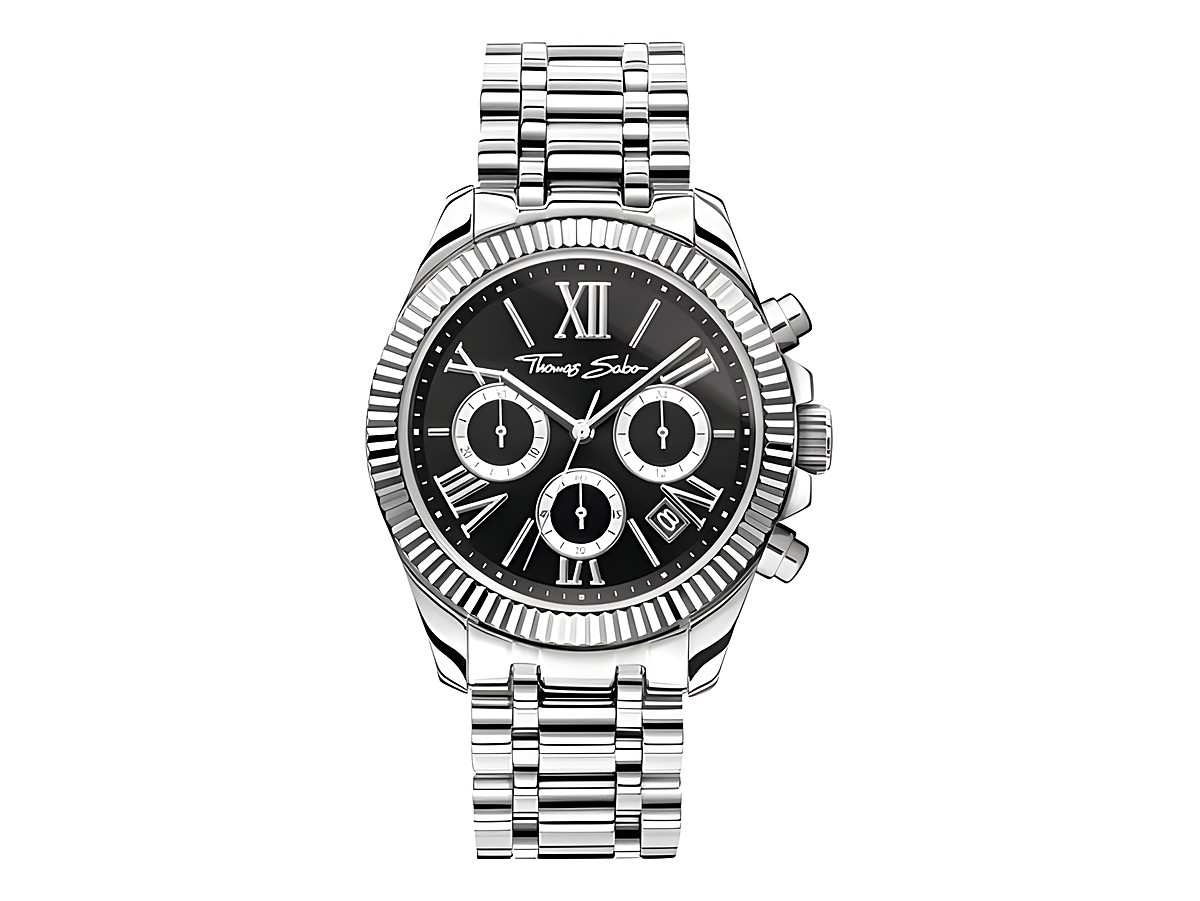 Thomas Sabo Damenuhr WA0396-201-201-38 MM aus Edelstahl in silberfarben mit schwarzem Ziffernblatt und römischen Ziffern. Chronograph mit drei Subdials und Datumsanzeige. Elegantes Design.