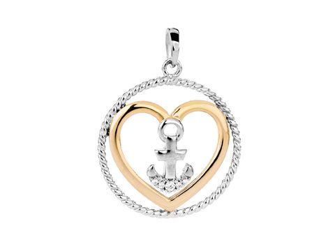 Ein bicolor Herz Anhänger mit einem Anker, verziert mit weißen Zirkonia, aus rhodiniertem Silber. Ideal für maritime und seefahrtsbegeisterte Schmuckliebhaber. Hersteller Juwelier Harnisch.