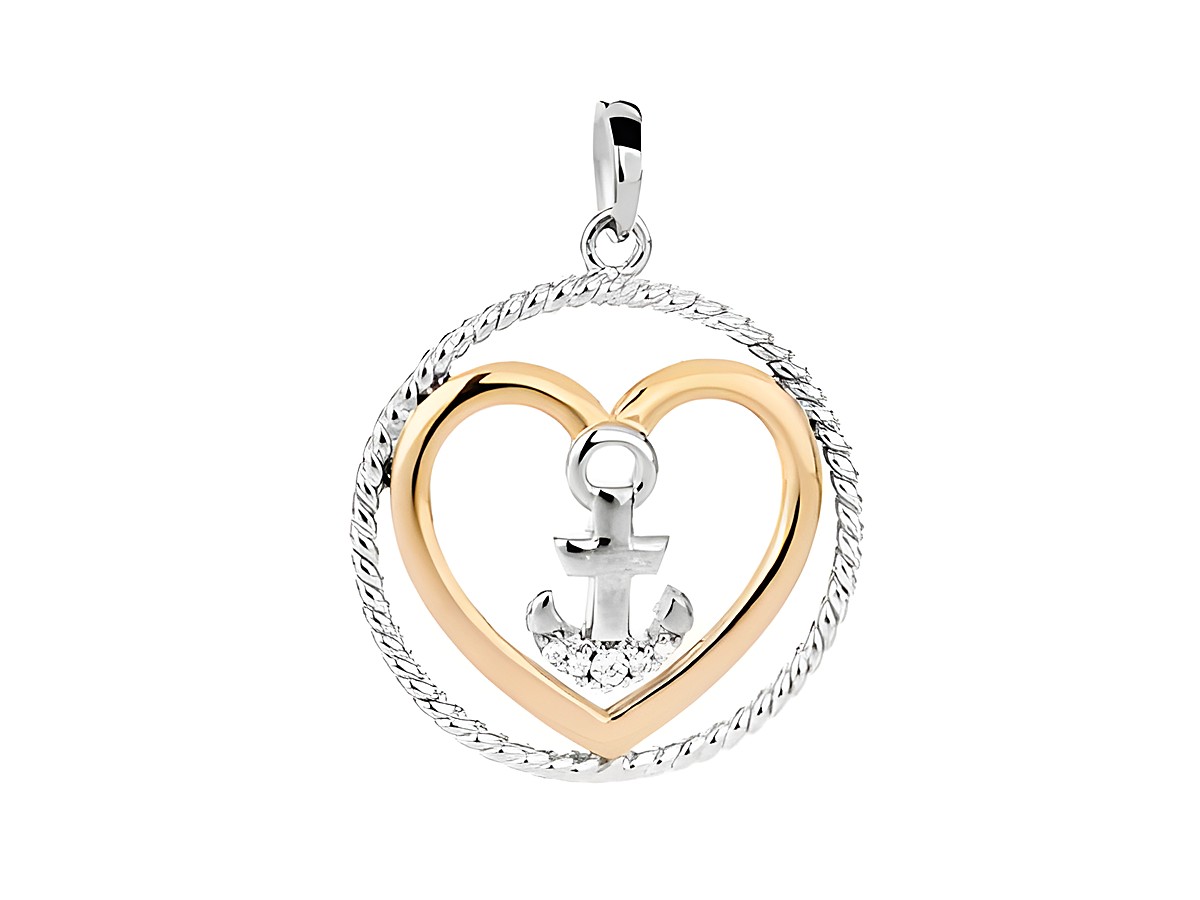 Ein bicolor Herz Anhänger mit einem Anker, verziert mit weißen Zirkonia, aus rhodiniertem Silber. Ideal für maritime und seefahrtsbegeisterte Schmuckliebhaber. Hersteller Juwelier Harnisch.