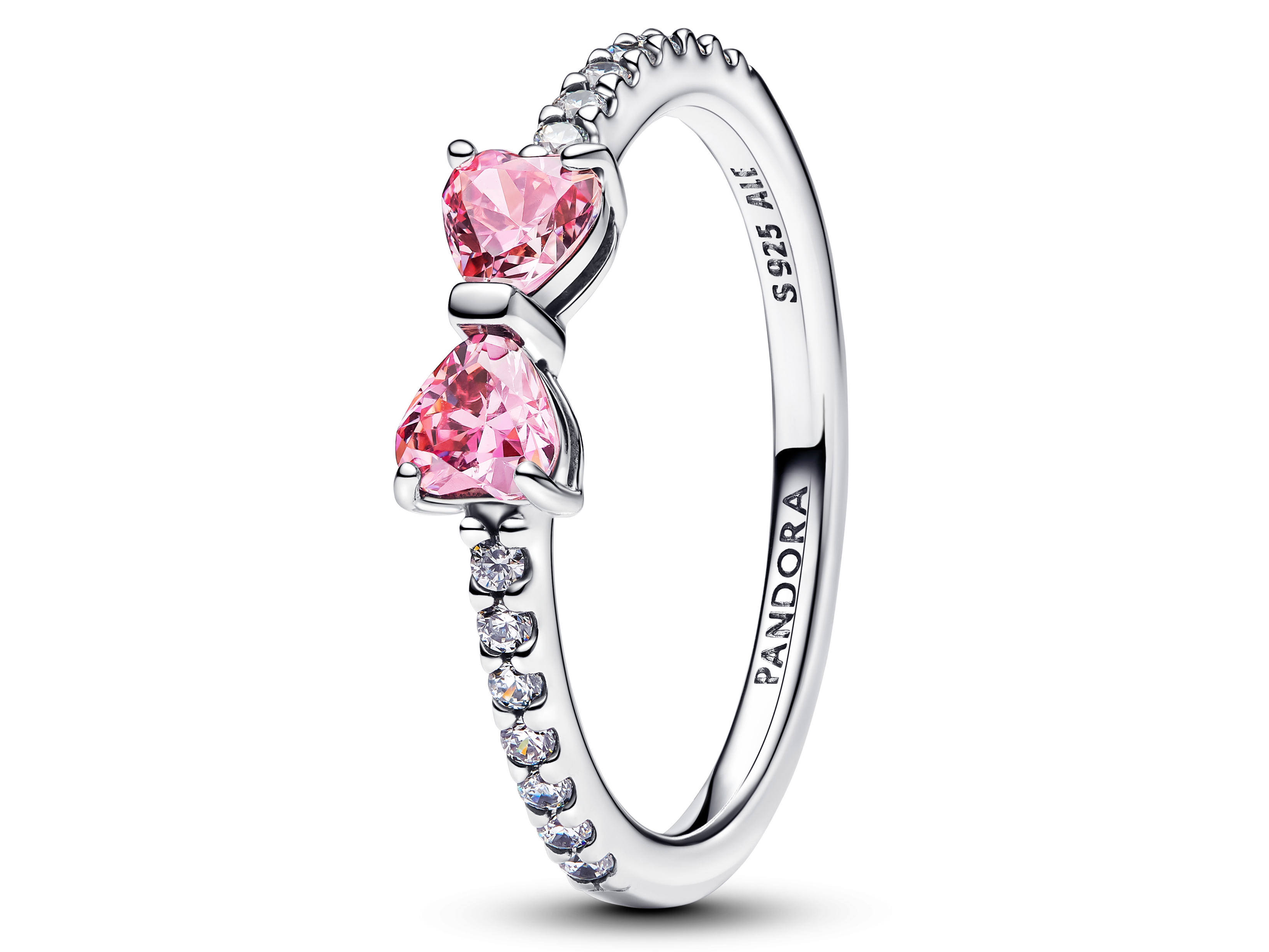 Pandora 193510C01-48 Ring aus Silber mit zwei rosa Zirkonia in Herzform und klarem Zirkonia in Schleifenform, Größe 48, elegant und funkelnd, ideal für besondere Anlässe.