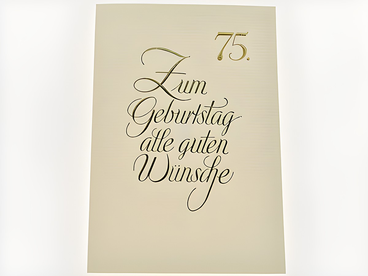 Geburtstagskarte in schlichter Eleganz mit goldener Schrift für den 75. Geburtstag, Hersteller Juwelier Harnisch, eine stilvolle Glückwunschkarte für besondere Anlässe.