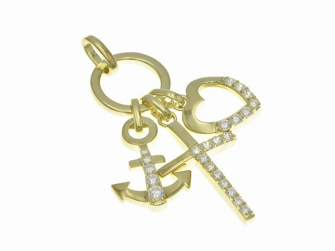 Anhänger aus poliertem Sterling Silber mit den Symbolen Glaube, Liebe und Hoffnung in vergoldet. Verziert mit Zirkonia, hergestellt von Juwelier Harnisch.