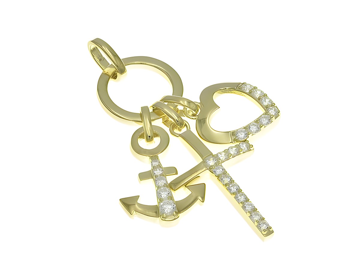 Anhänger aus poliertem Sterling Silber mit den Symbolen Glaube, Liebe und Hoffnung in vergoldet. Verziert mit Zirkonia, hergestellt von Juwelier Harnisch.