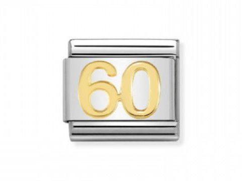 Zahl 60 aus goldfarbenem Metall auf silberfarbenem Grund, Teil der NOMINATION Classic GOLD LIFE Kollektion, Artikelnummer 030109 43, ideal für runde Jubiläen.