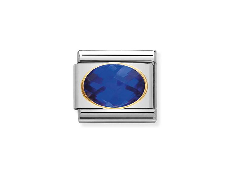 Zirkoniasteine in facettiertem Blau, eingefasst in einem eleganten Silberelement mit goldfarbener Umrandung, ideal für Schmuckliebhaber. Hersteller: Nomination.