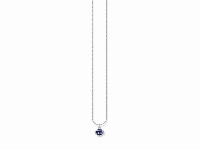 Silberne Kette mit einem mehrfarbigen Anhänger in Form eines Auges, gefertigt von Thomas Sabo, verstellbar von 38 bis 45 cm, ideal für modische Akzente.