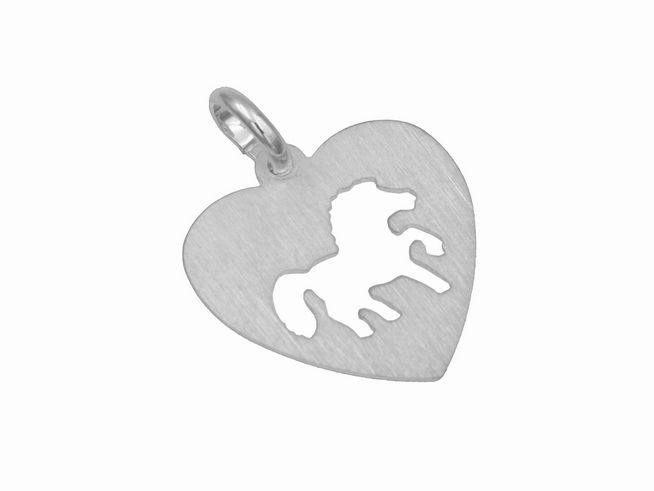 Ein Anhänger in Herzform aus mattiertem rhodiniertem Sterling Silber, mit einer durchbrochenen Pferde-Silhouette, geeignet für Tierliebhaber, Hersteller Juwelier Harnisch.