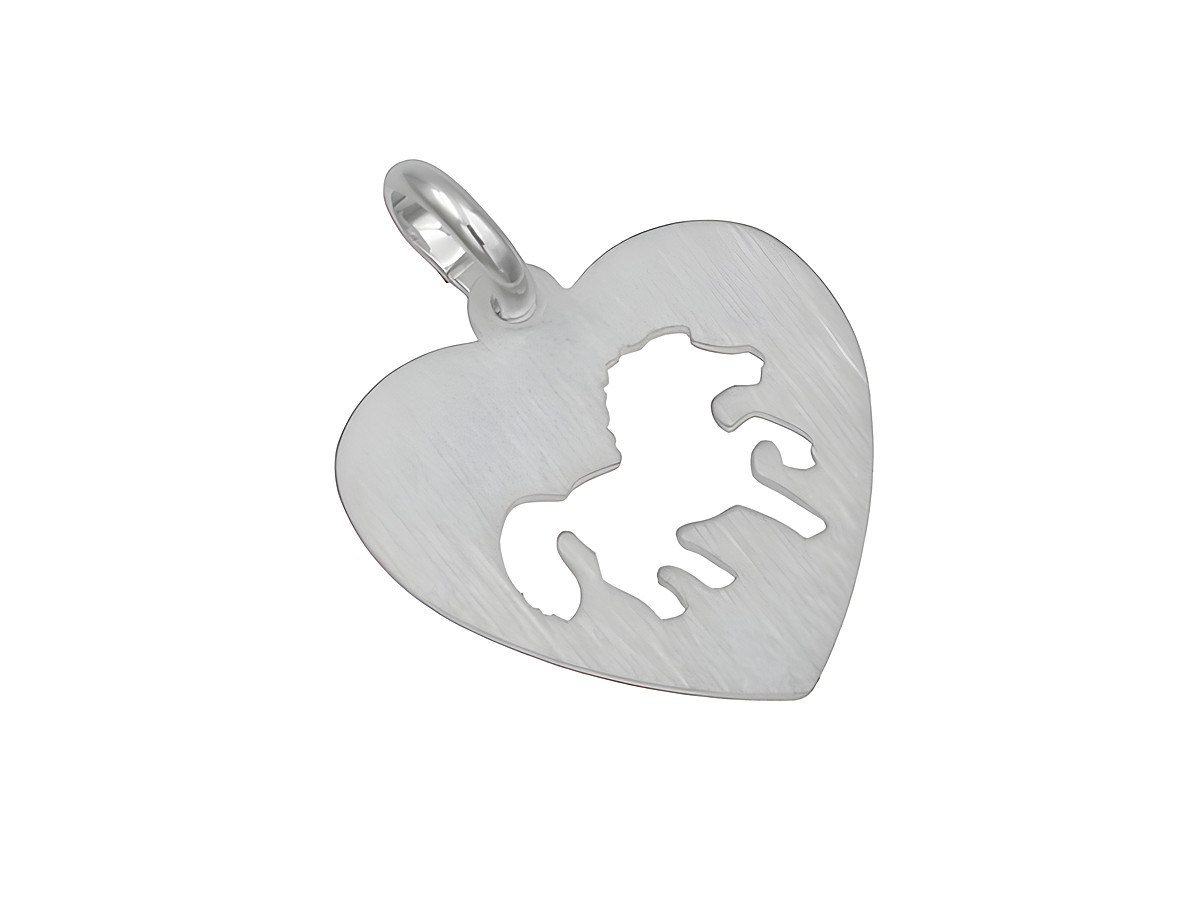 Ein Anhänger in Herzform aus mattiertem rhodiniertem Sterling Silber, mit einer durchbrochenen Pferde-Silhouette, geeignet für Tierliebhaber, Hersteller Juwelier Harnisch.