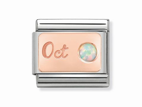 Classic Monatsstein OPAL Weiß für Oktober in Roségold, mit der Gravur Oct und einem bunten Edelstein, auf einem silbernen Träger von Nomination.