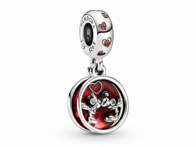 Pandora Charm Anhänger 799298C01 mit Disney Micky Maus und Minnie, gestaltet mit Zirkonia und roter Emaille, ideal als Geschenk zum Valentinstag am 14. Februar.
