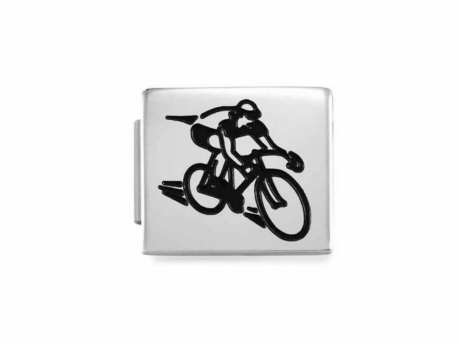 Edelstahl Charm von Nomination mit dem Symbol eines Radfahrers, ideal für Fahrradliebhaber und sportliche Menschen, elegant und modern gestaltet.
