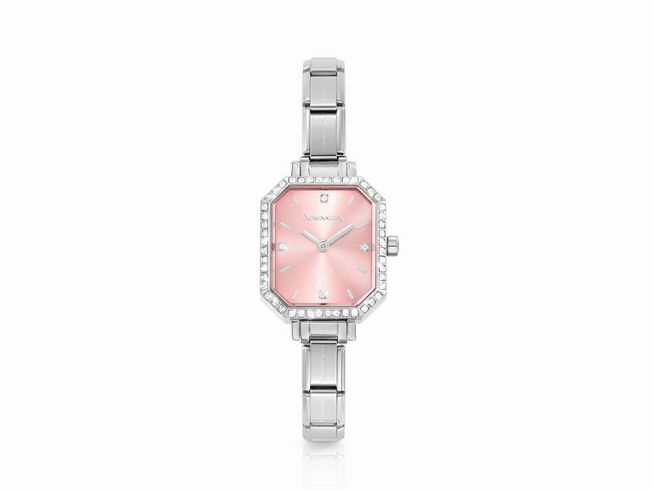 Elegante Nomination Time Uhr in Edelstahl mit einem zarten rosa Ziffernblatt, verziert mit Zirkonia und einem eleganten achteckigen Gehäuse, perfekter Zeitmesser für jeden Anlass.
