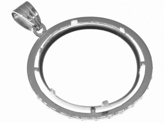 Münzfassung Anhänger aus 925 Sterling Silber, rhodiniert, diamantiert, für Münzen bis 3,0 cm Durchmesser, maximal 26,2 mm, Hersteller Juwelier Harnisch.