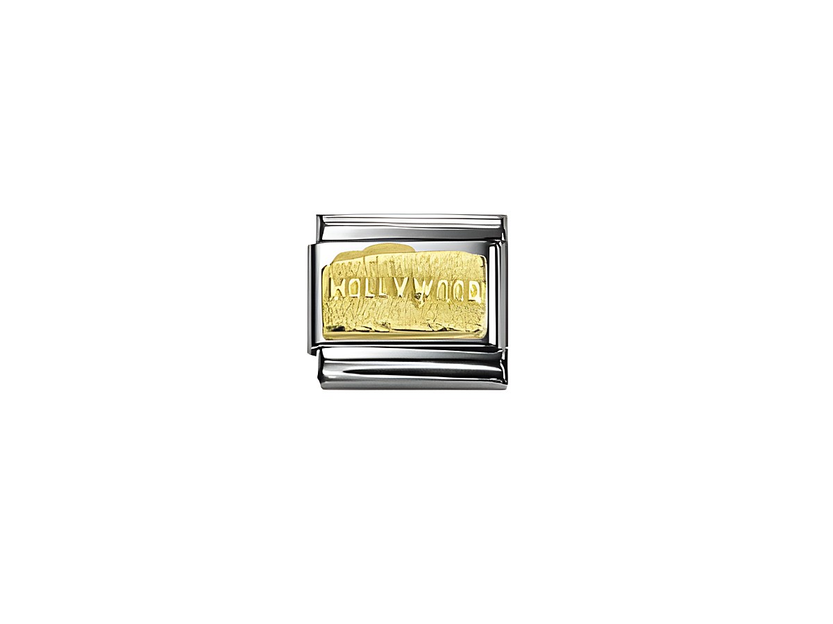 Ein Schmuckanhänger aus Edelstahl mit einer goldfarbenen Oberfläche, auf der das Wort Hollywood eingraviert ist. Der Anhänger hat ein elegantes, klassisches Design und repräsentiert ikonische Monumente.