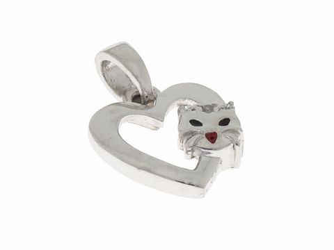 Anhänger Herz mit Katze aus Silber rhodiniert, verziert mit Zirkonia und Lackdetails, von Hersteller Juwelier Harnisch, ideal für Tierliebhaber.