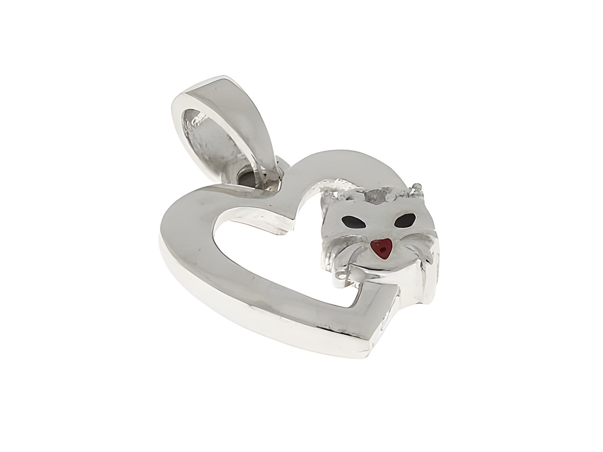 Anhänger Herz mit Katze aus Silber rhodiniert, verziert mit Zirkonia und Lackdetails, von Hersteller Juwelier Harnisch, ideal für Tierliebhaber.