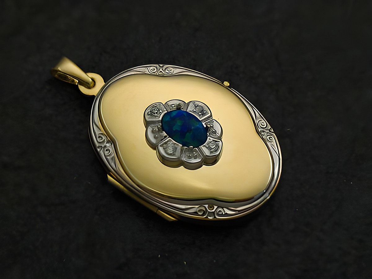 Medaillon Cabochon in Bicolor-Gold 333 mit blauem Opal und funkelnden Dekosteinen, Hersteller Juwelier Harnisch, elegantes Design für besondere Anlässe.