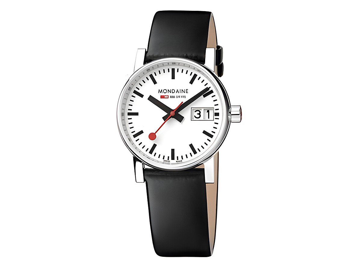 Mondaine Uhr MSE.30210.LBV evo2 aus Edelstahl poliert mit schwarzem Lederarmband. Zifferblatt in Weiß mit rotem Sekundenzeiger und Datumsausgabe. Durchmesser 30 mm, Hersteller Mondaine.