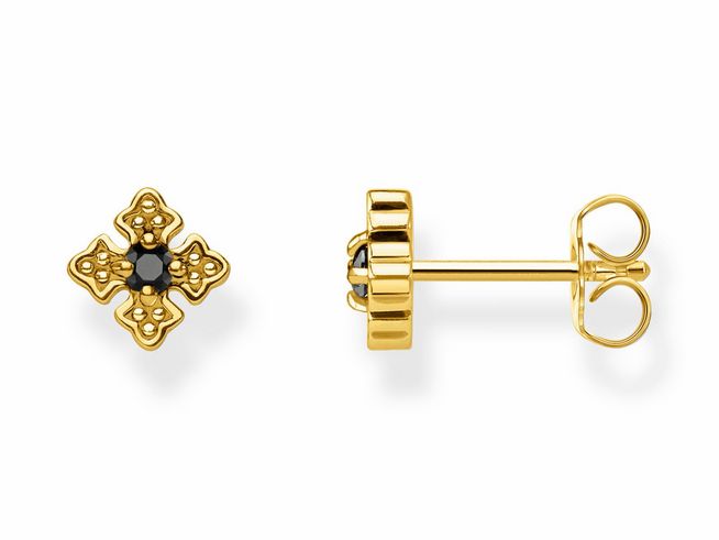 Thomas Sabo Ohrstecker H2021-414-11 aus vergoldetem Sterling Silber mit schwarzem Zirkonia im filigranen Kreuzdesign präsentiert ein elegantes und modisches Accessoire.