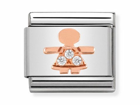 Anhänger von Nomination mit einem Mädchen in Roségold und drei klaren Steinen auf einem silbernen Hintergrund, stilvolles Design für individuellen Schmuck.