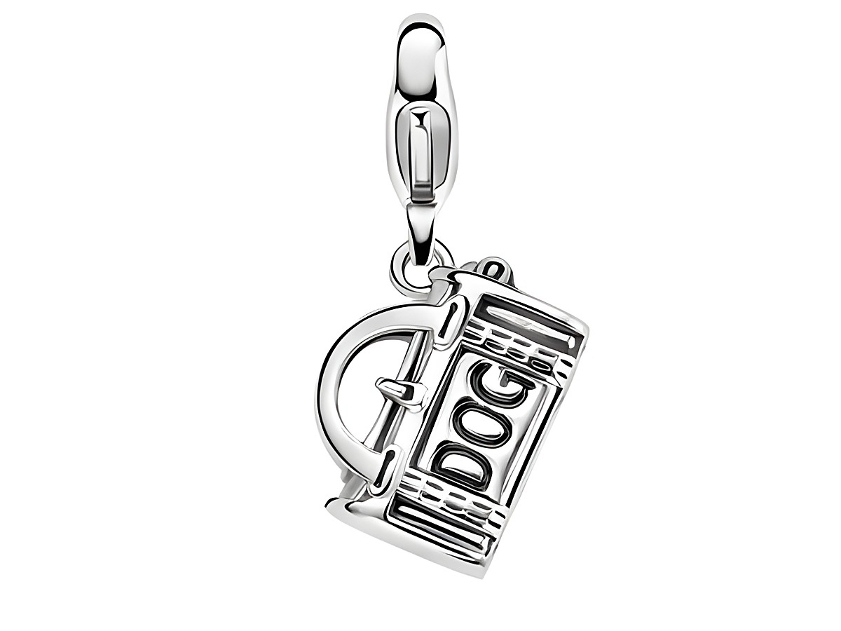 Silberner Charms Anhänger von Ti Sento in Form einer Doggy Bag mit dem Schriftzug Dog. Ideal für individuelle Schmuckstücke und als besonderes Geschenk.