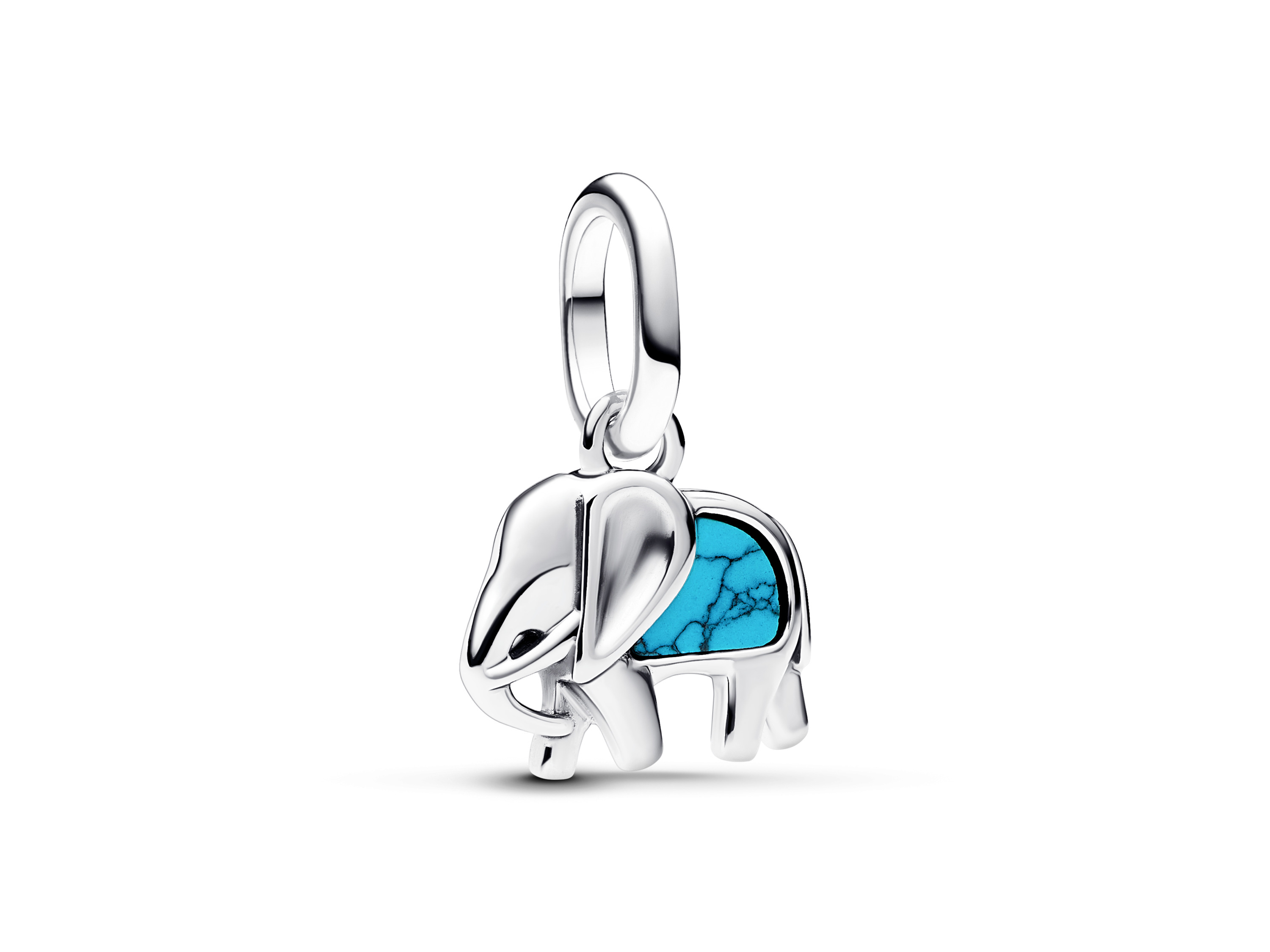 Türkisfarbener Elefant Mini Charm aus Sterling Silber, detailliert gearbeitet mit einem funkelnden türkisfarbenen Element, ideal für Schmuckliebhaber und persönliche Schmuckkollektionen.