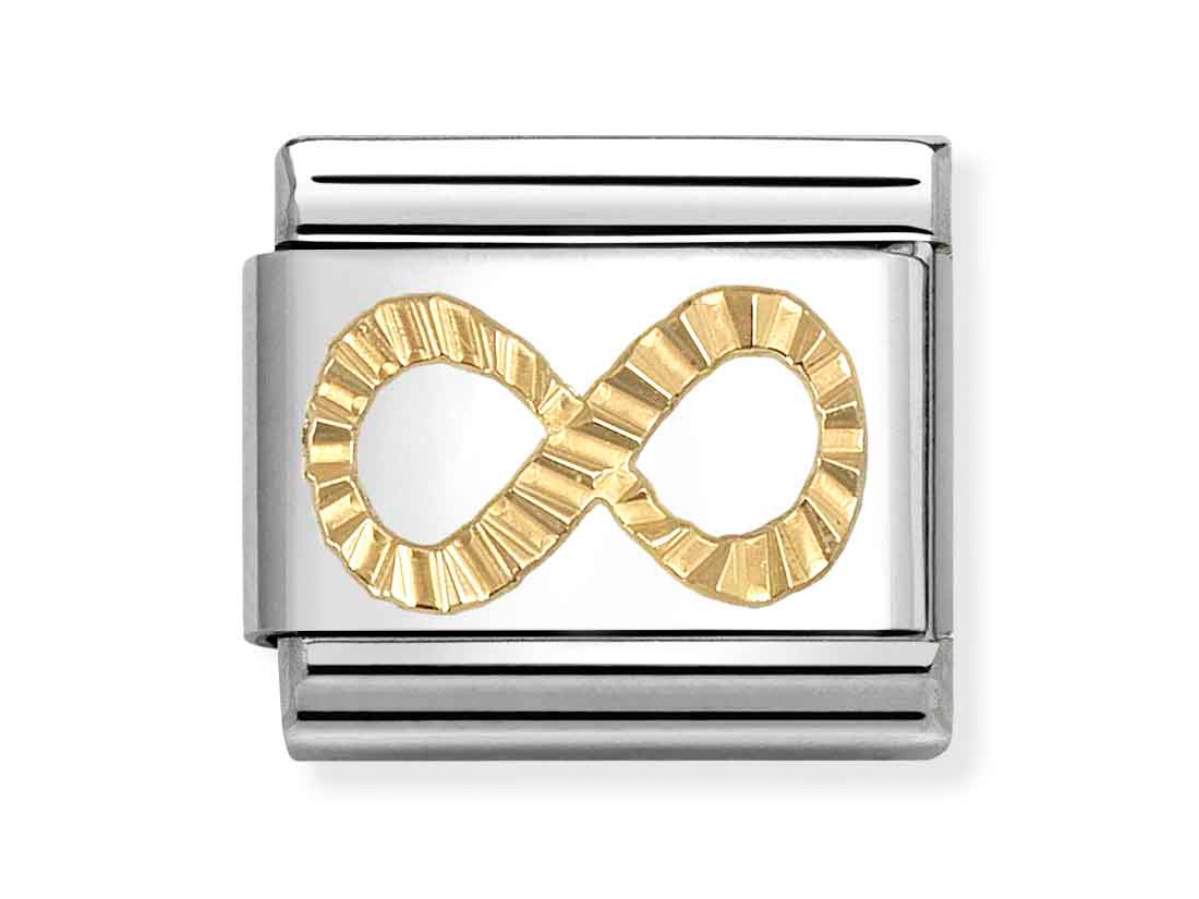 Schmuckelement in Silber mit einer goldenen, diamantierten Unendlichkeitssymbolik, Hersteller Pandora, Modell 030149 66, Classic Gold und Emaille, Neuheiten.