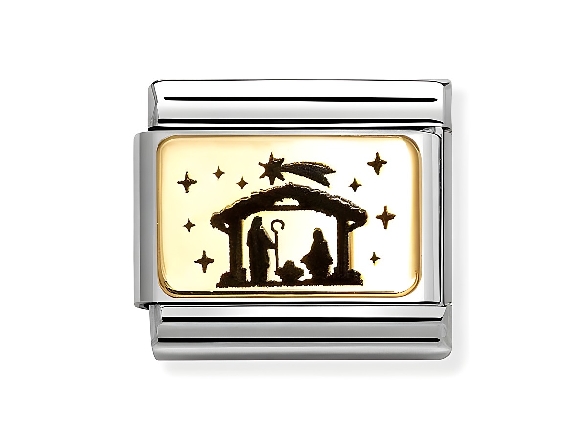 Silbernes und gelbgoldenes Armbandglied von Nomination mit einer Darstellung der Geburt Christi, einschließlich einer Krippe, Figuren und Sternen im Hintergrund.