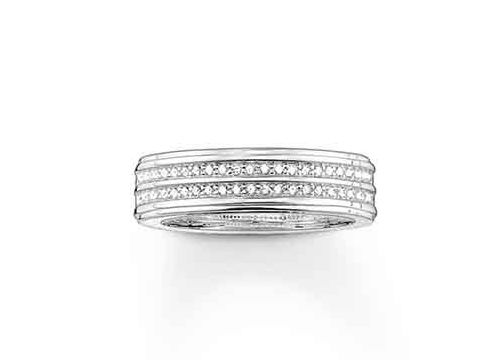 Silberner Ring von Thomas Sabo mit Zirkonia in weiß, Größe 54, drei gestreiften Reihen von funkelnden Steinen, schlichte Eleganz für jeden Anlass.
