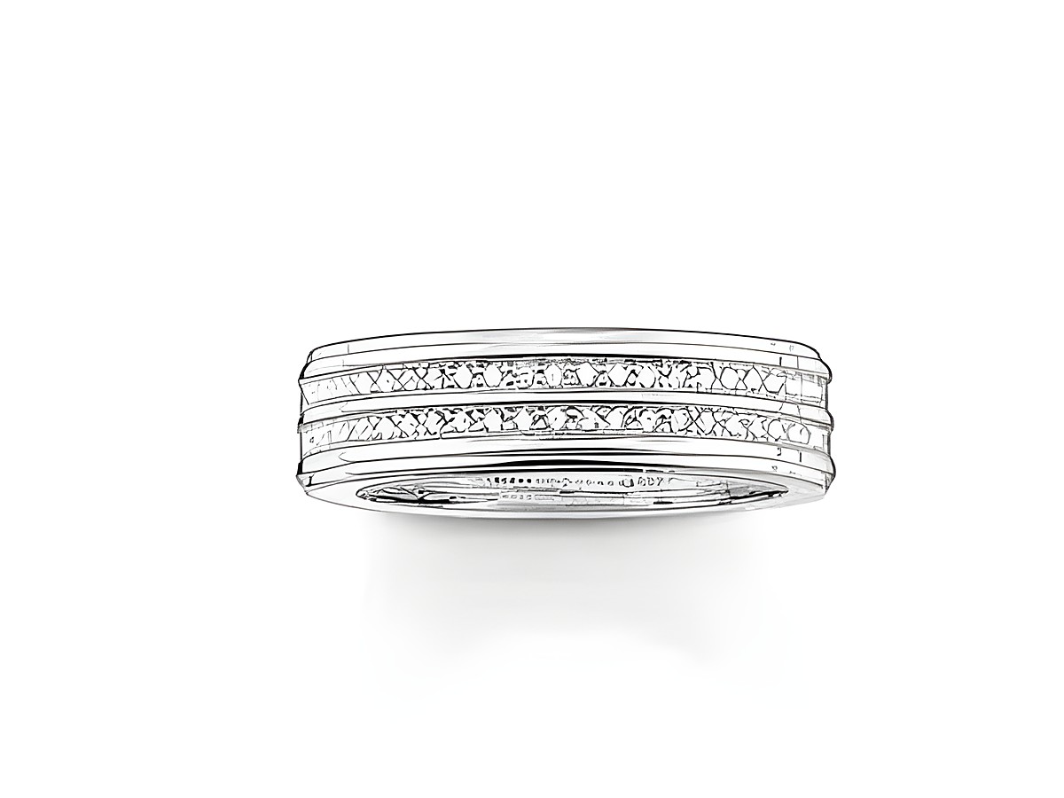 Silberner Ring von Thomas Sabo mit Zirkonia in weiß, Größe 54, drei gestreiften Reihen von funkelnden Steinen, schlichte Eleganz für jeden Anlass.