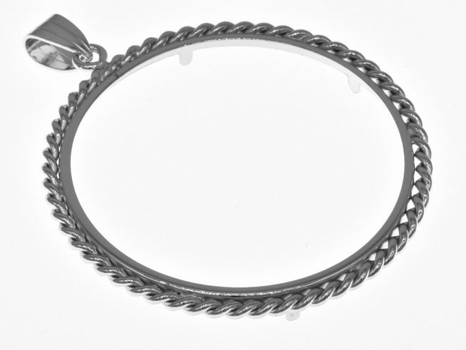 Münzfassung Anhänger aus rhodiniertem 925 Sterling Silber mit Kordeldesign, Durchmesser 41 mm, geeignet für Münzen über 4,0 cm, ideal für individuelle Schmuckgestaltungen.