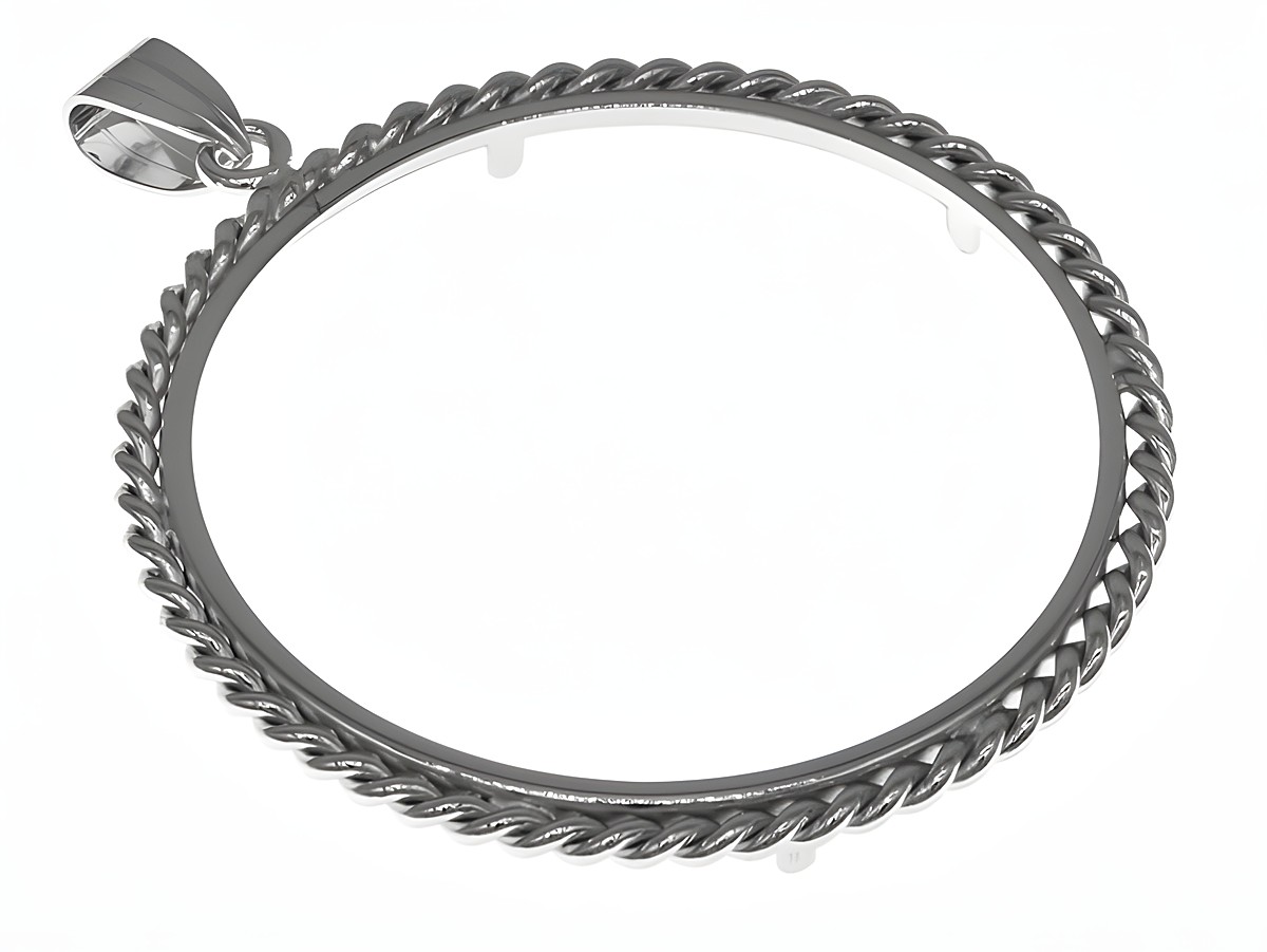 Münzfassung Anhänger aus rhodiniertem 925 Sterling Silber mit Kordeldesign, Durchmesser 41 mm, geeignet für Münzen über 4,0 cm, ideal für individuelle Schmuckgestaltungen.